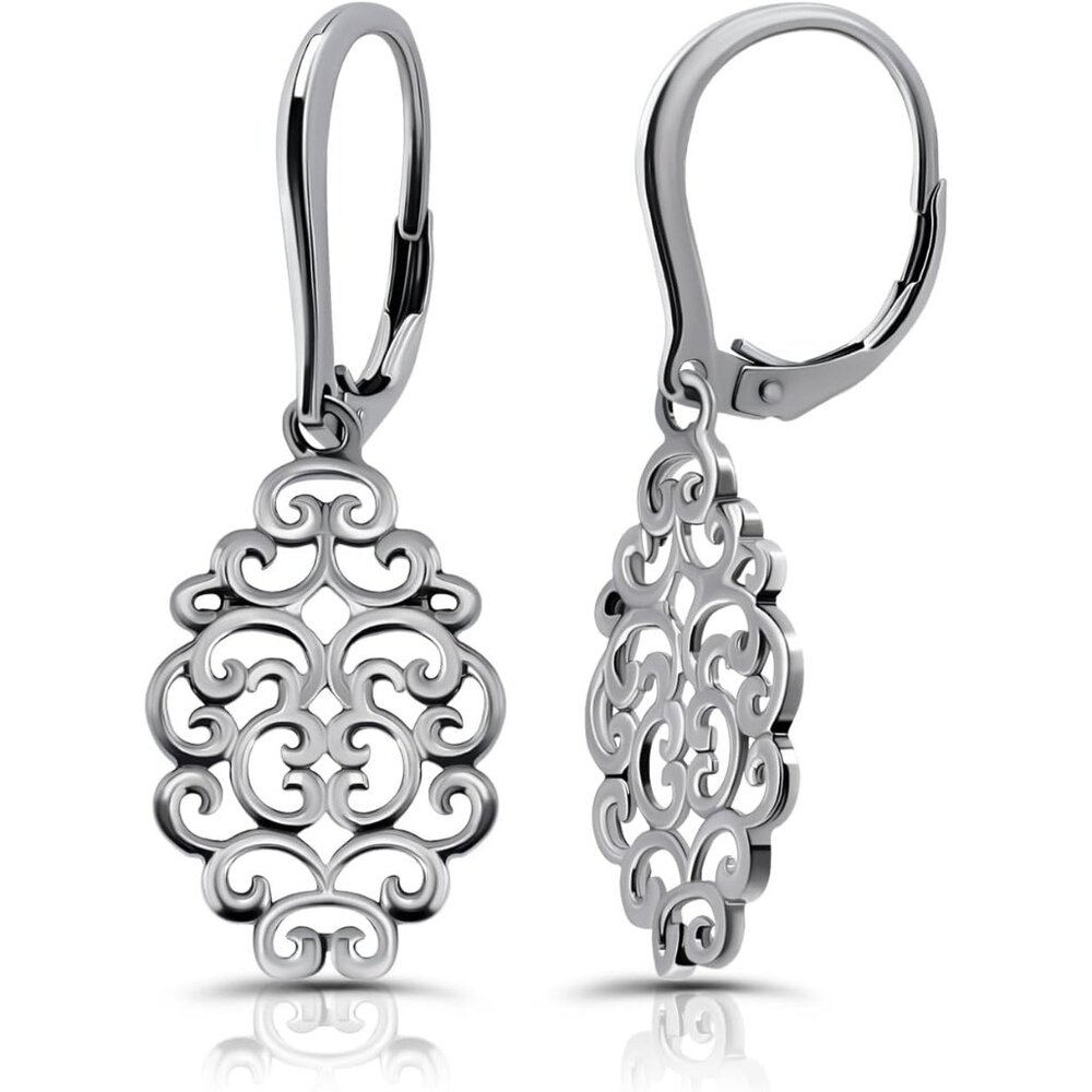 🆕Women's Silver 925 Sterling Silver Filigree Swirl Spiral Dangle Earrings
